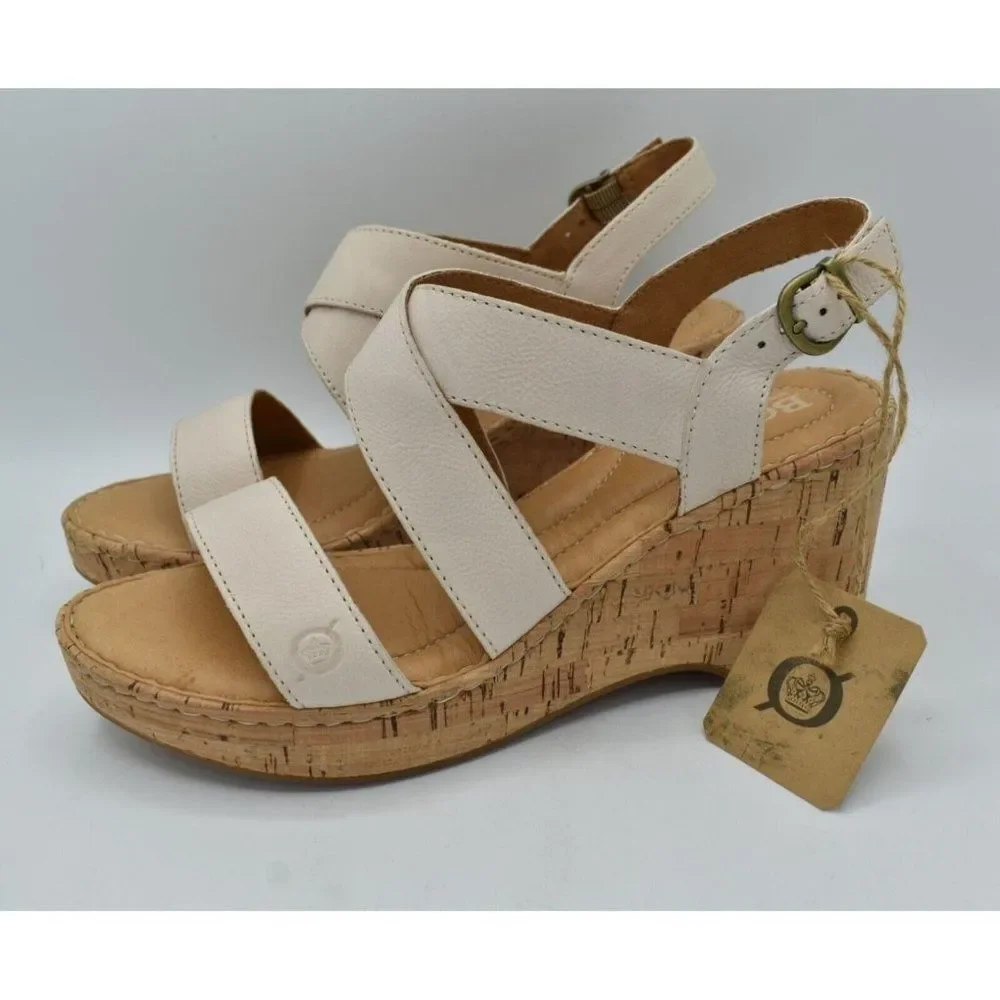Born Womens Size 11 Lanai White Bone Full Grain Leather Wedge‎ Sandals Shoes
